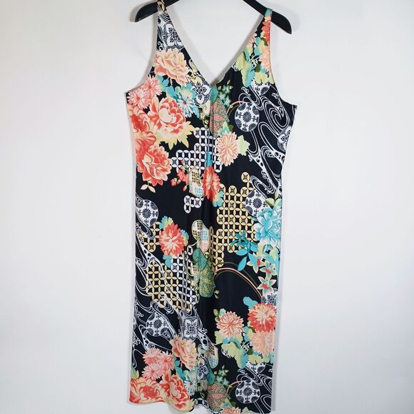 Natori Kimono Robe & Gown Asian Floral‎ XL Belted Satin Pockets Black Geometric - Picture 6 of 11